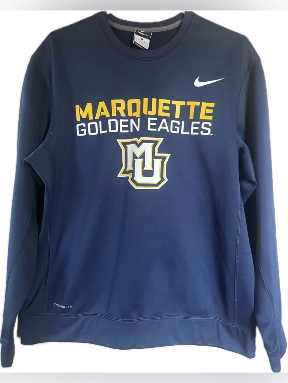 Nike Marquette Golden Eagles Therma-Fit Navy Crewneck Sweatshirt. Size Large